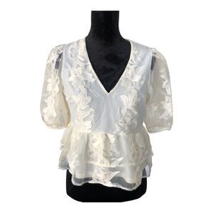 Express Cream Embroidered Cottagecore Lace Puff Sleeve Tiered Ruffle Shirt Sz‎ S